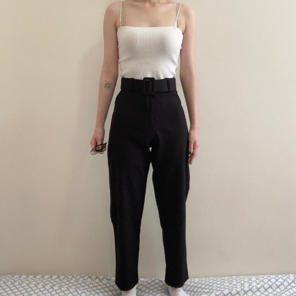 Boohoo Black Slim High Waisted Rise Trousers Pants Belt Formal Office Petite 2